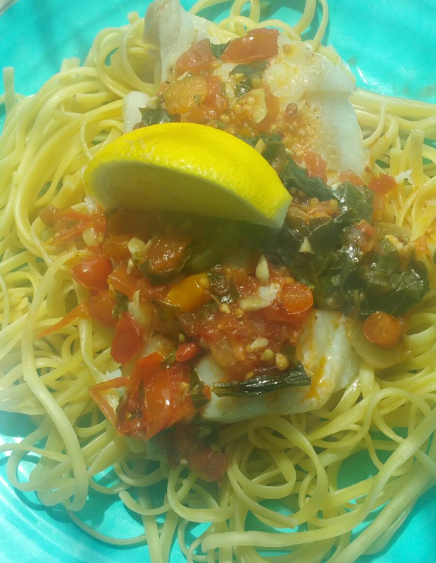 Pan-Seared Cod in White Wine Tomato Basil Sauce